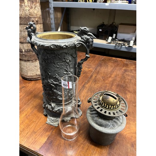 460 - Victorian Zimmermann & Co. Duplex oil lamp, with an unusual cast spelter body decorated with deep re... 