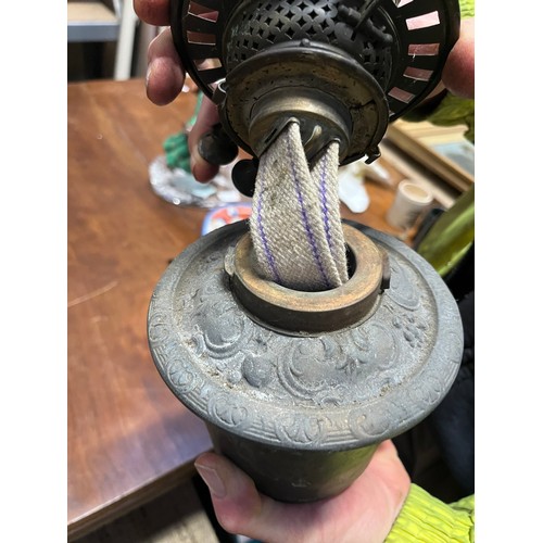 460 - Victorian Zimmermann & Co. Duplex oil lamp, with an unusual cast spelter body decorated with deep re... 