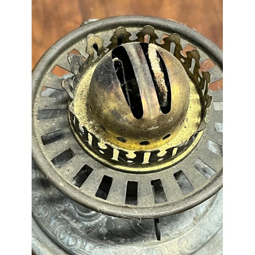 460 - Victorian Zimmermann & Co. Duplex oil lamp, with an unusual cast spelter body decorated with deep re... 