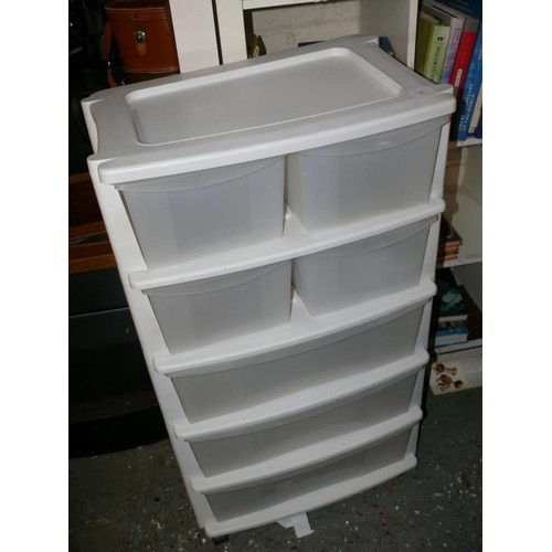 215 - Set of 4 over 3 white plastic storage drawers