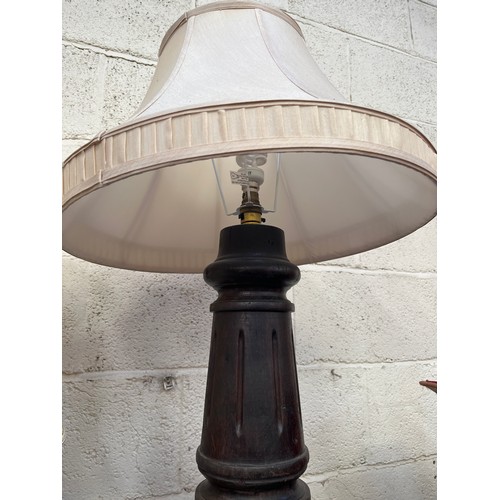 139 - Antique snooker table leg lamp, made from a large and heavy repurposed turned mahogany baluster leg ... 