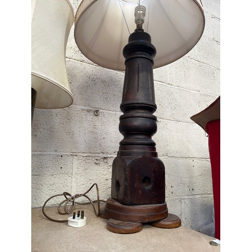 139 - Antique snooker table leg lamp, made from a large and heavy repurposed turned mahogany baluster leg ... 
