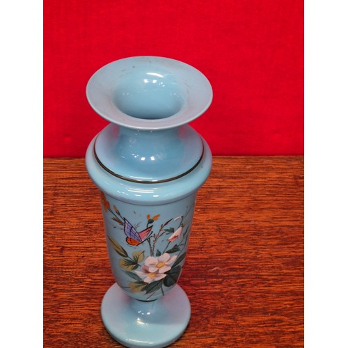147 - Antique opaline glass lot - including a tankard with polychrome floral swagging decoration, a blue v... 