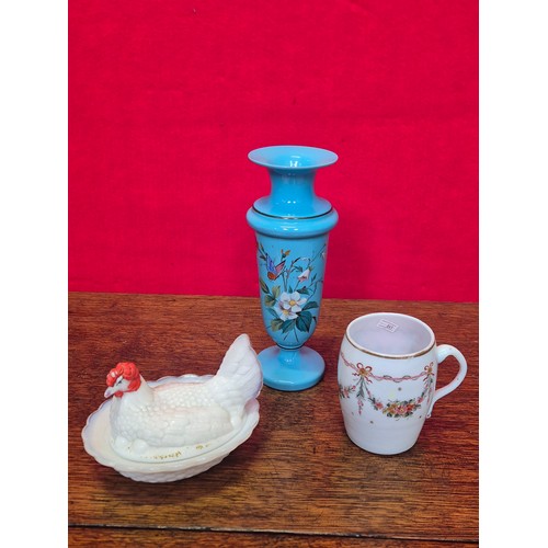 147 - Antique opaline glass lot - including a tankard with polychrome floral swagging decoration, a blue v... 