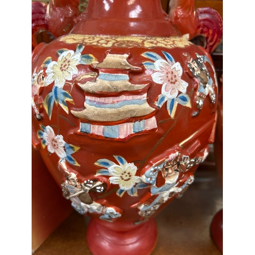 152 - Very large pair of late 19th Century Japanese Satsuma vases handpainted and with raised detail of Sa... 