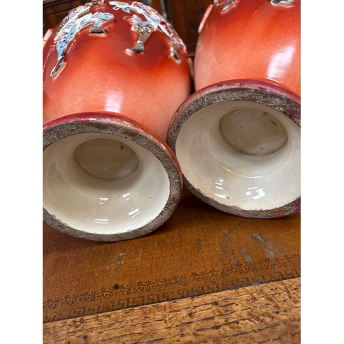 152 - Very large pair of late 19th Century Japanese Satsuma vases handpainted and with raised detail of Sa... 