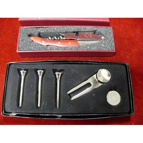 66 - Fantime bottle opener and a a stainless steel golfing tee set, both in nice presentation gift boxes
