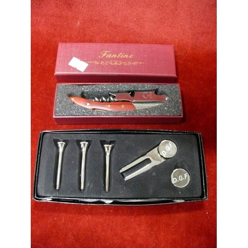 66 - Fantime bottle opener and a a stainless steel golfing tee set, both in nice presentation gift boxes