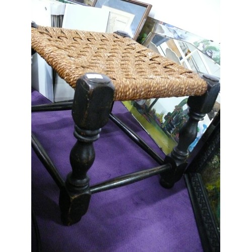 146 - Small wooden stool with woven string seat