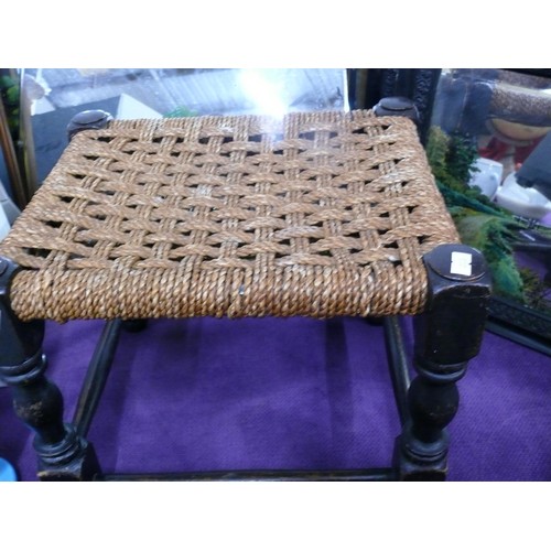 146 - Small wooden stool with woven string seat