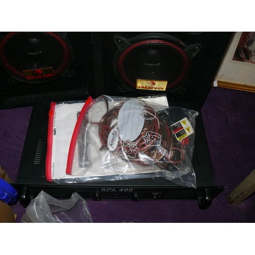 192 - Auna PA BOX SPEAKERS, Stereo power amplifier SPL400 with instructions and cables