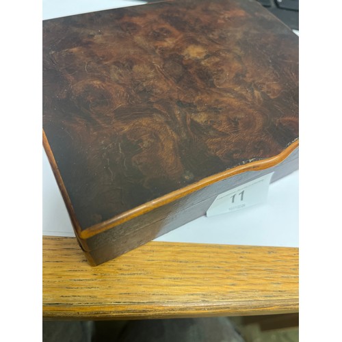 11 - A BURR WALNUT TRINKET BOX WITH SMALL HORN BOX  PLUS COSTUME JEWELS AND SOME SILVER COINS