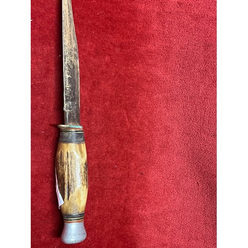 46 - A pre war British Hunting knife with antler handle & leather scabbard. Blade 15cm