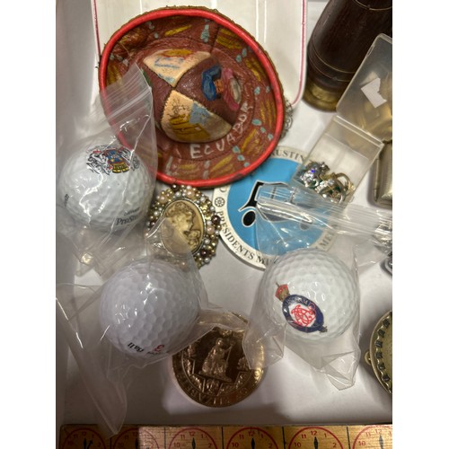 17C - Box of mixed Collectables inc jewellery, pill boxes, golf trophy, golf balls, Victorian salts etc