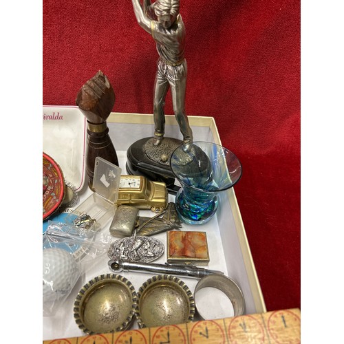 17C - Box of mixed Collectables inc jewellery, pill boxes, golf trophy, golf balls, Victorian salts etc