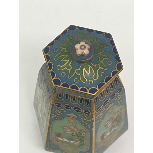 11 - A pretty Chinese cloisonné hexagonal lidded vase 7cm h. Probably first half 20th Century