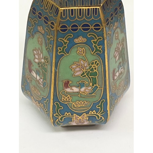 11 - A pretty Chinese cloisonné hexagonal lidded vase 7cm h. Probably first half 20th Century