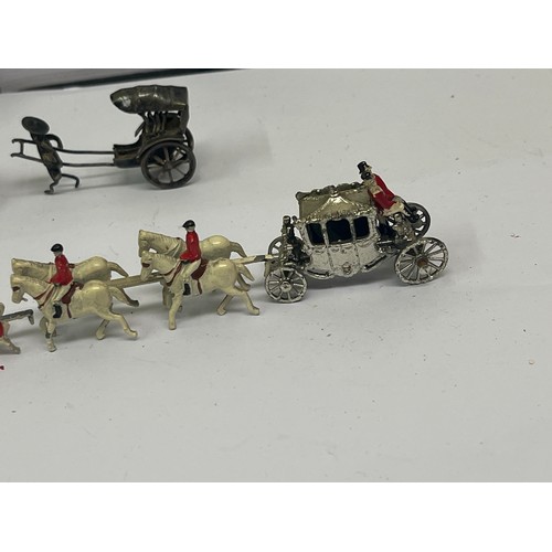 15 - Miniature rickshaw likely Hong Kong silver together with miniature coronation coaches & horses