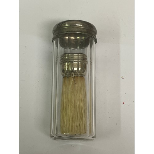 12 - Vintage shaving brush & jar, a ladies boudoir miniature safety razor and another miniature razor in ... 