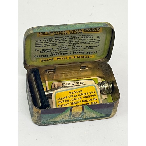 12 - Vintage shaving brush & jar, a ladies boudoir miniature safety razor and another miniature razor in ... 
