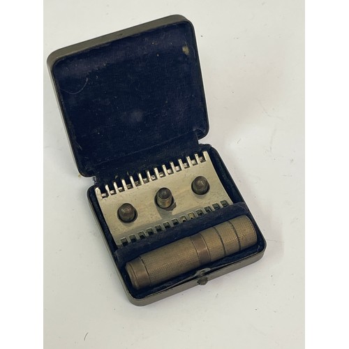 12 - Vintage shaving brush & jar, a ladies boudoir miniature safety razor and another miniature razor in ... 