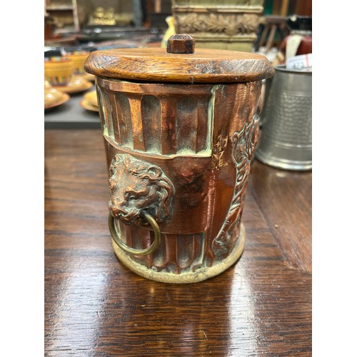 110 - Victorian embossed copper tobacco jar, decorated with relief motifs showing St Christopher and the C... 