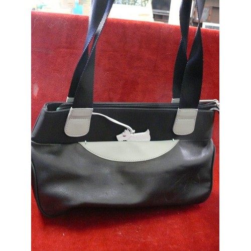 85 - 2 Black Radley handbags - 1 leather with green tags and the other with blue dog and trim