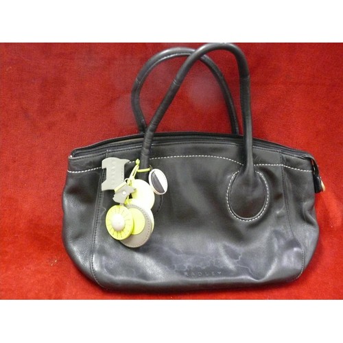 85 - 2 Black Radley handbags - 1 leather with green tags and the other with blue dog and trim