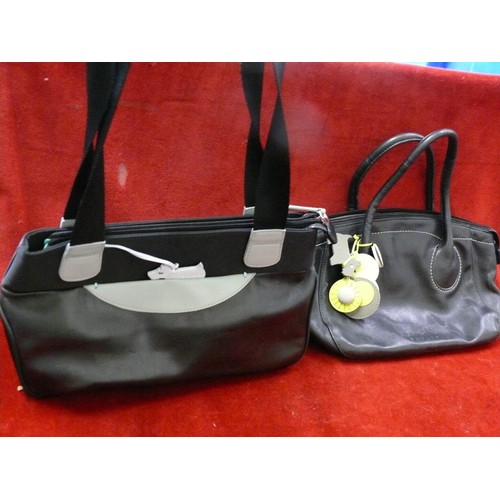 85 - 2 Black Radley handbags - 1 leather with green tags and the other with blue dog and trim