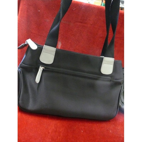 85 - 2 Black Radley handbags - 1 leather with green tags and the other with blue dog and trim