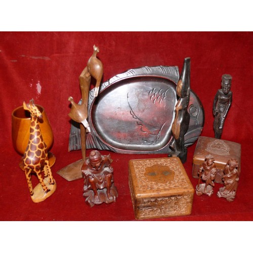 86 - Collection of wooden treen items to include RAF Indian group taxi service box, another box, carved f... 