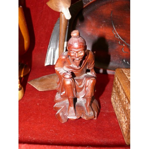 86 - Collection of wooden treen items to include RAF Indian group taxi service box, another box, carved f... 