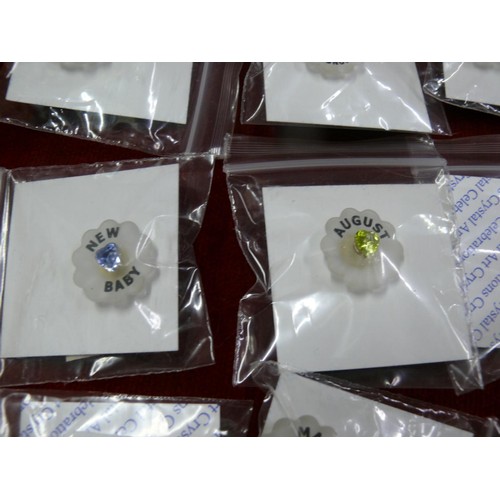 109 - Crystal art pins with months of the year, Happy Birthday, New baby etc