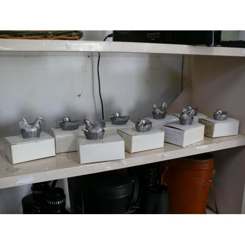 95 - 9 miniature novelty pewter lidded salt - 4 chickens and 5 ducks