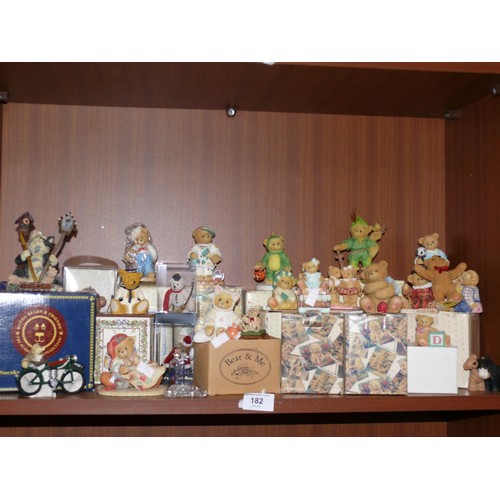 182 - Shelf of teddy bear ornaments, mostly boxed plus a Boyds Bears cat ornament