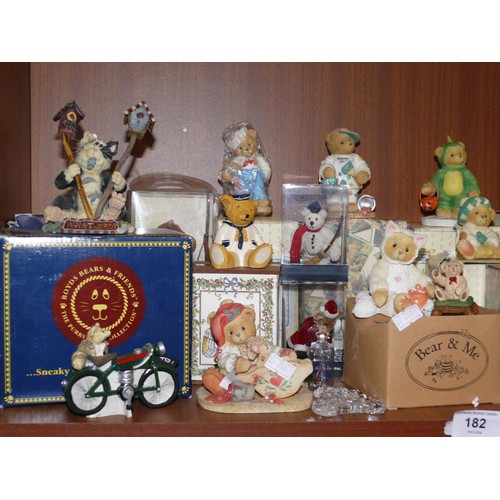 182 - Shelf of teddy bear ornaments, mostly boxed plus a Boyds Bears cat ornament