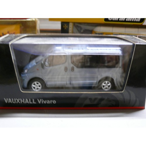 208 - 5 boxed vehicles to include 2 Vauxhall Vivaro vans, Weetabix truck, Malta bus and Cararama bus