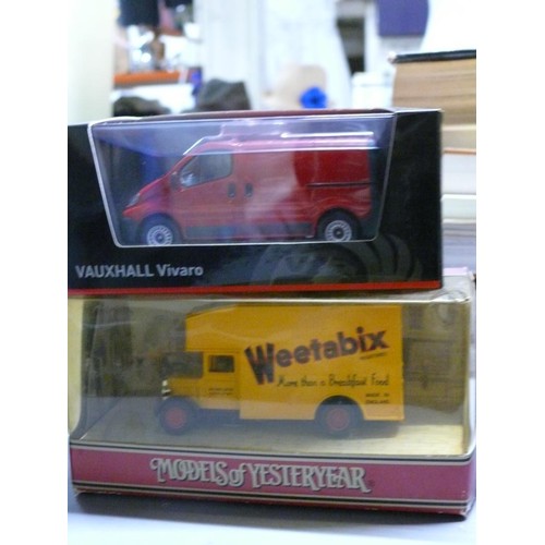208 - 5 boxed vehicles to include 2 Vauxhall Vivaro vans, Weetabix truck, Malta bus and Cararama bus