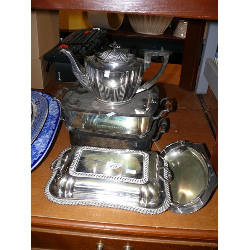 213 - Pair of antique silver plate food warmers with burners plus heavy silver plate 2 part tureen, teapot... 