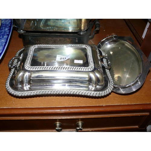 213 - Pair of antique silver plate food warmers with burners plus heavy silver plate 2 part tureen, teapot... 
