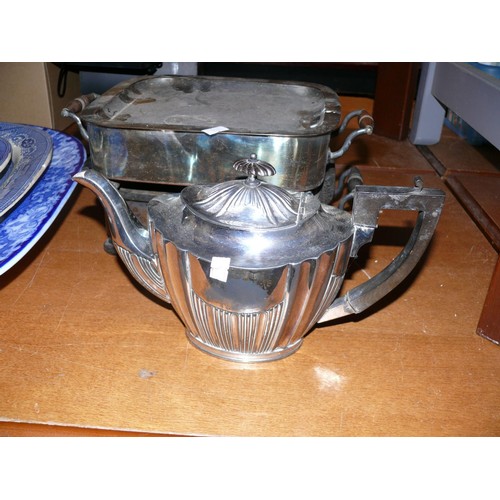 213 - Pair of antique silver plate food warmers with burners plus heavy silver plate 2 part tureen, teapot... 