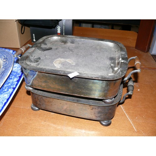 213 - Pair of antique silver plate food warmers with burners plus heavy silver plate 2 part tureen, teapot... 