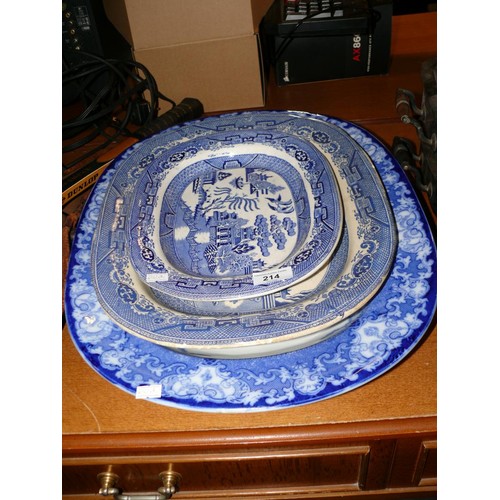 214 - Large Antique flow blue meat platter by Doulton plus 2 blue & white willow pattern platters