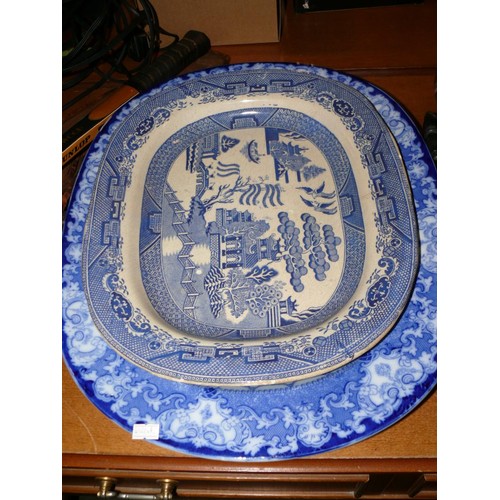 214 - Large Antique flow blue meat platter by Doulton plus 2 blue & white willow pattern platters
