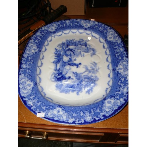 214 - Large Antique flow blue meat platter by Doulton plus 2 blue & white willow pattern platters