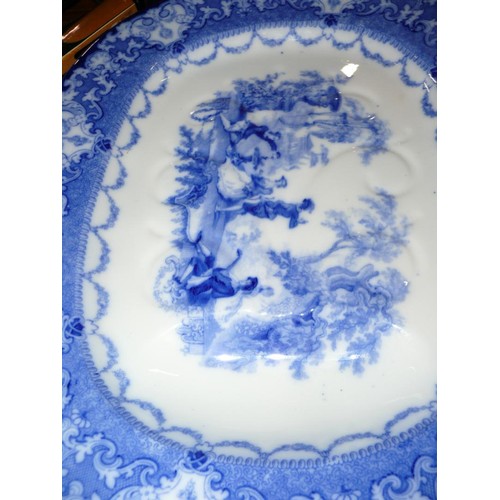 214 - Large Antique flow blue meat platter by Doulton plus 2 blue & white willow pattern platters