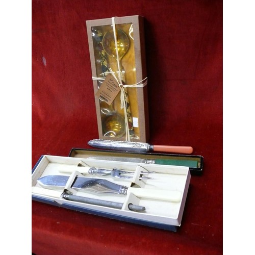 218 - Boxed carving and serving sets to include a carving knife with hallmarked silver collar and bakelite... 