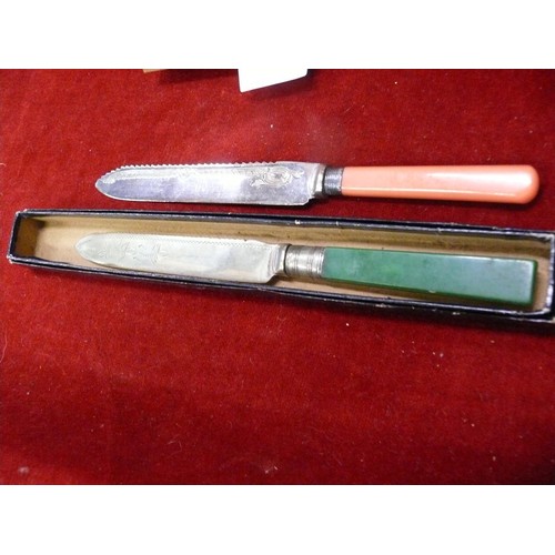 218 - Boxed carving and serving sets to include a carving knife with hallmarked silver collar and bakelite... 