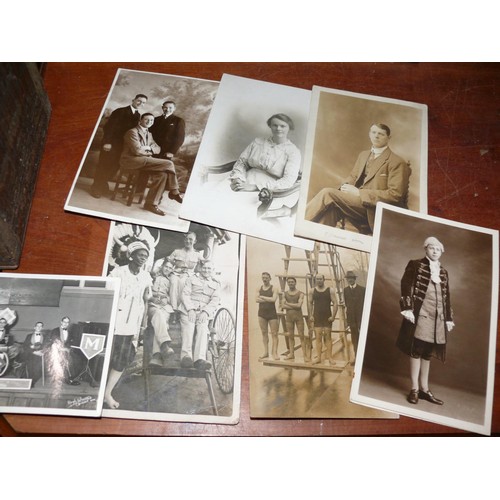 225 - Collection of vintage and antique postcards in wooden box including Edwardian school room,  swimming... 