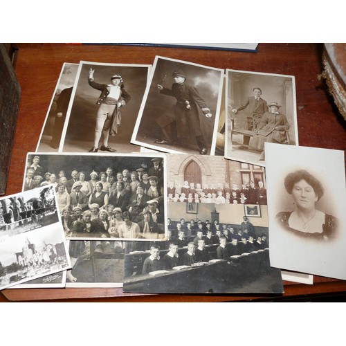 225 - Collection of vintage and antique postcards in wooden box including Edwardian school room,  swimming... 